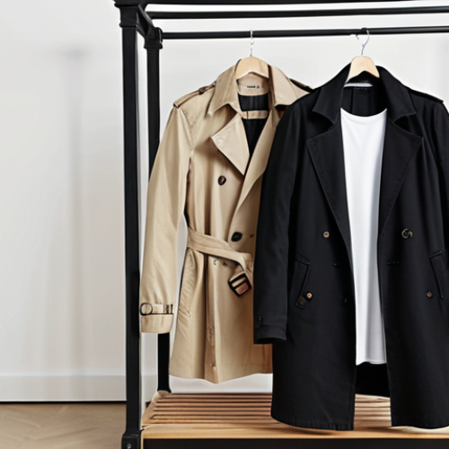 ** A well-organized, minimalist wardrobe with neutral-colored clothing items such as a white t-shirt, black blazer, well-fitting jeans, and a trench coat. Focus on quality materials and timeless designs.

**