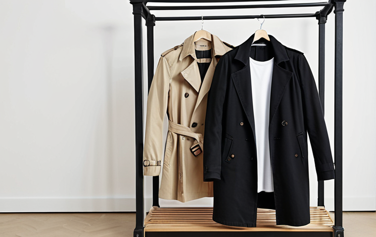 ** A well-organized, minimalist wardrobe with neutral-colored clothing items such as a white t-shirt, black blazer, well-fitting jeans, and a trench coat. Focus on quality materials and timeless designs.
**